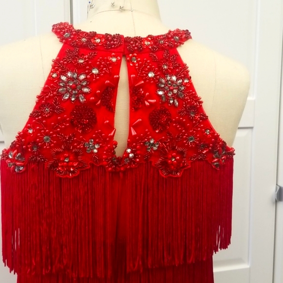 ❤💃 Aidan Mattox Red Fringe Embellished High Neck Dress💃 - Picture 5 of 11